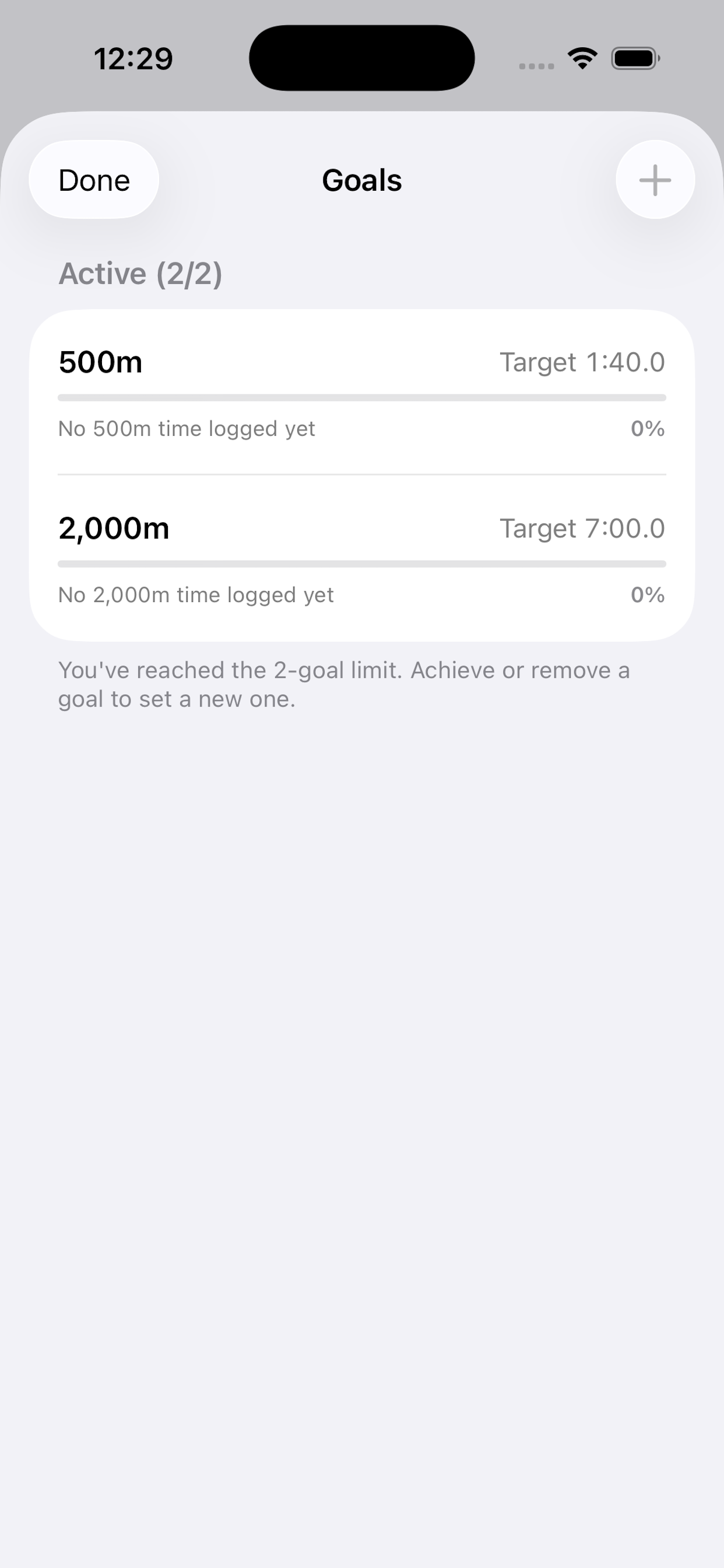 Erg goals screen showing a target time and progress toward it